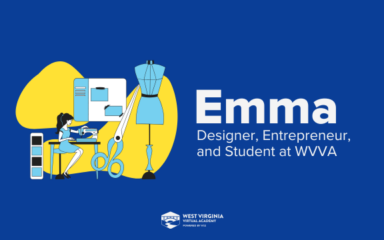 An illustratoin of a sewing workshop with the text "Emma, Designer Entrepreneur and Student at WVVA